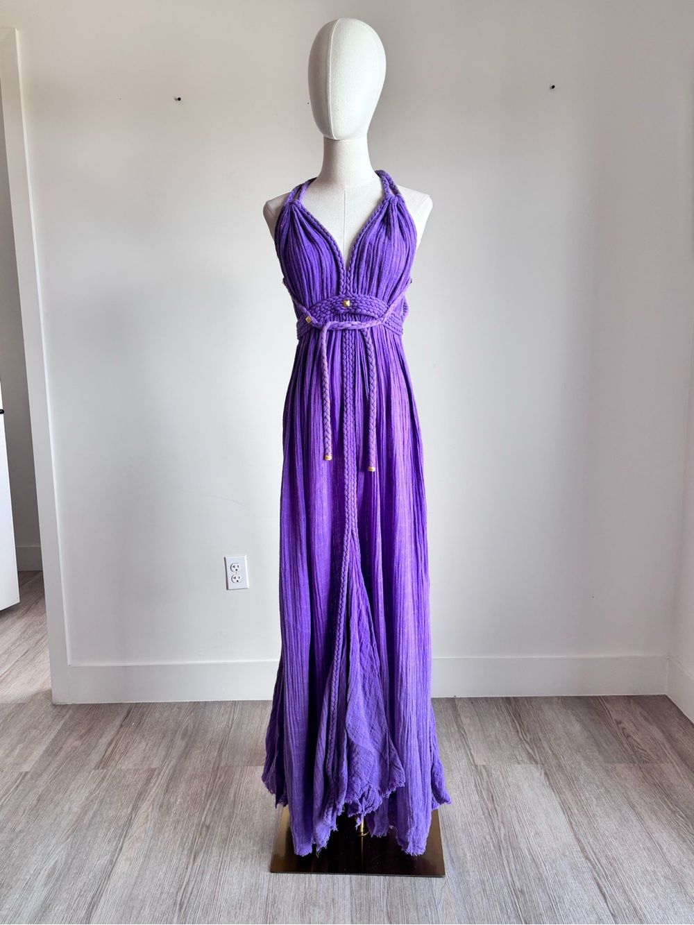 casia luer purple gauze braided strap halter maxi dress size os